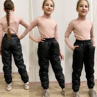 Теплые зимние штаны на девочку на синтепоне черные стеганые плащевка 140-152р