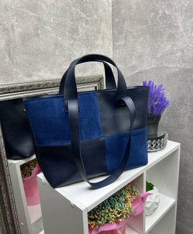 Женская сумка шоппер большая стильная синяя натуральная замша+кожзам