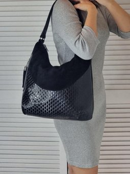 Женская сумка-мешок красивая модная черная замша+лаковая экокожа