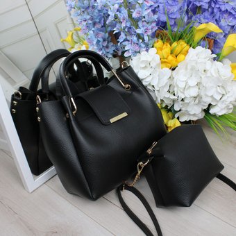 Женская сумка на плечо с клатчем косметичкой набор комплект городская черная кожзам