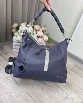 Большая женская сумка-мешок мягкой формы красивая серо-фиолетовая экокожа