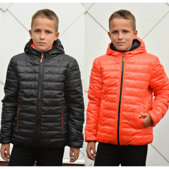 Демисезонная куртка для мальчика двухсторонняя стеганая черная с оранжевым 6-14 лет 158-164