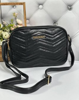 Женская стеганая сумка через плечо на длинном ремне кросс-боди сумочка клатч черная экокожа