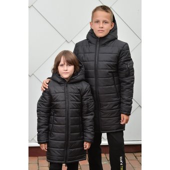 Зимняя куртка подростковая на мальчика пуховик теплый удлиненный с капюшоном 122-170р черный 164-170