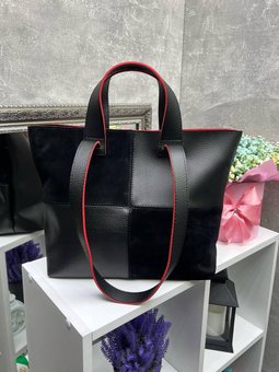Женская сумка шоппер большая черная с красным натуральная замша+кожзам