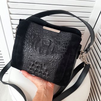 Небольшая черная женская сумочка через плечо комбинированная сумка натуральная замша+кожзам