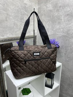 Большая стеганая женская сумка стильная городская модная плащевка коричневая