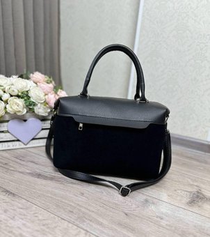 Женская сумка саквояж формат А4 вместительная черная натуральная замша+кожзам