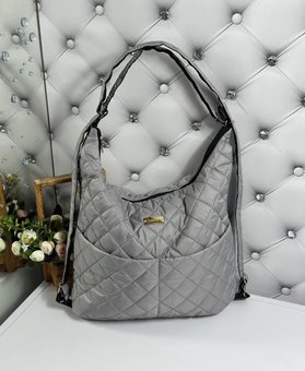 Большая стеганая женская сумка-рюкзак стильная городская модная плащевка серая