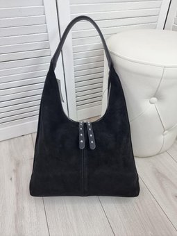 Замшевая женская сумка хобо вместительная комбинированная черная модная замша+кожзам
