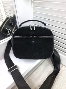 Женская черная замшевая сумка клатч через плечо маленькая сумочка натуральная замша+экокожа