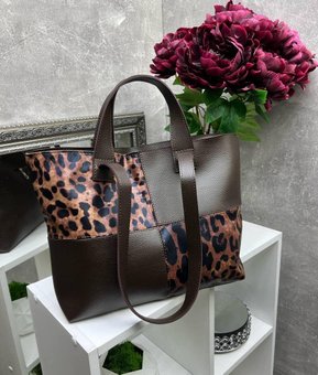 Женская сумка шоппер большая вместительная стильная коричневая лео экокожа