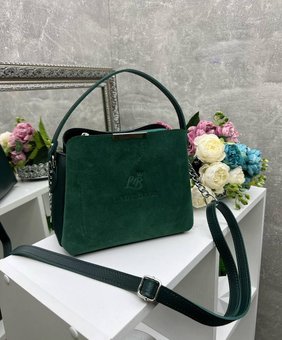 Женская сумка кроссбоди небольшая классическая сумочка через плечо зеленая замша+кожзам