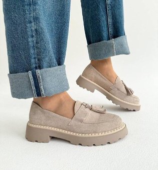 Женские туфли лоферы замшевые стильные бежевые натуральная замша 40