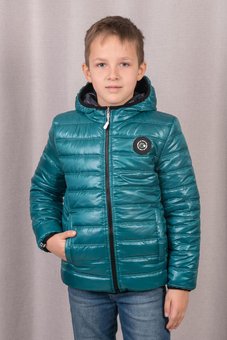 Демисезонная куртка для мальчика двухсторонняя стеганая темно-синяя с зеленым 3-14 лет 128-134