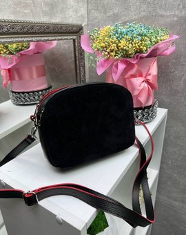 Женская сумка через плечо стильная молодежная кросс-боди сумочка клатч черная с красным замша+кожзам