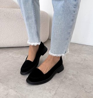 Жіночі лофери замшеві туфлі зручні стильні чорні натуральна замша