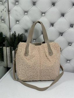 Женская сумка меховая красивая сумочка средняя темно-бежевая экомех тедди+кожзам