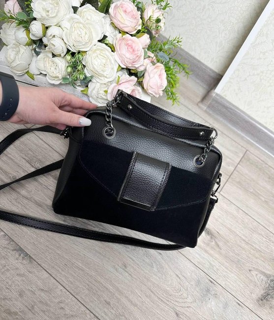 Небольшая комбинированная женская сумка сумочка через плечо черная натуральная замша+кожзам