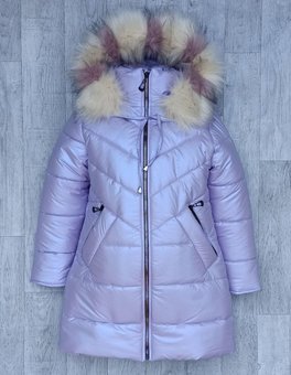 Длинное зимнее пальто на девочку с опушкой зимняя детская куртка сиреневая 6-10 лет 134