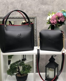 Женская сумка на плечо с косметичкой комплект городская модная черная с красным кожзам
