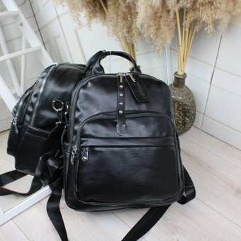 Женский рюкзак на широком ремне формата А4 сумка-рюкзак черный экокожа