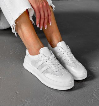 Женские кроссовки летние модные удобные белые натуральная кожа/сетка 40
