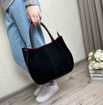 Женская сумка комбинированная городская модная черная с красным натуральная замша+кожзам