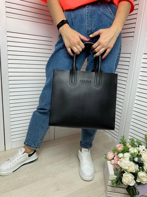 Женская сумка-шопер квадратная стильная вместительная черная экокожа