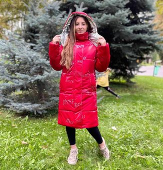 Длинное зимнее пальто пуховик на девочку зимняя куртка красная 10-13 лет 158