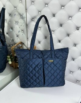 Женская большая сумка стеганая вместительная стильная городская синяя плащевка