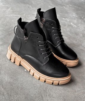 Женские зимние кожаные ботинки на шнуровке стильные черные натуральная кожа 37
