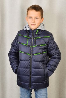 Демисезонная куртка для мальчика стеганая теплая синяя с салатовым 5-14 лет 146-152