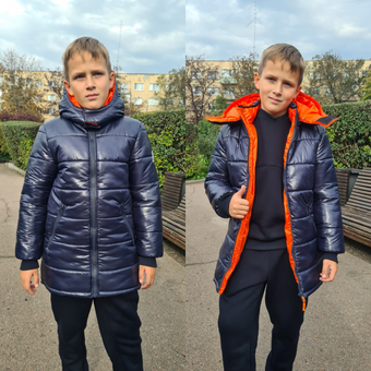 Зимняя куртка подростковая на мальчика пуховик теплый с капюшоном синий с салатовым 134-164р 158-164