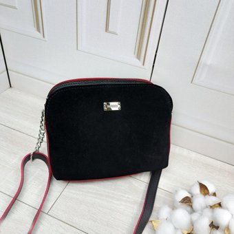Женская сумочка кросс-боди через плечо сумка клатч 3 отделения черная с красным замша+кожзам