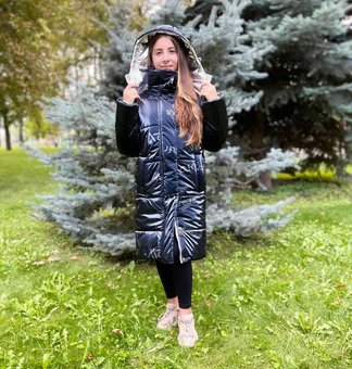 Длинное зимнее пальто пуховик на девочку зимняя куртка синяя 10-13 лет 158