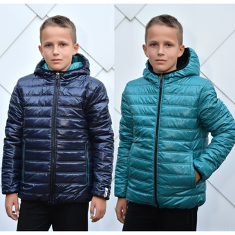 Демисезонная куртка для мальчика двухсторонняя стеганая темно-синяя с бирюзовым 5-14 лет 158-164