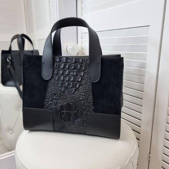 Стильная женская сумка красивая средняя модная черная замша+кожзам