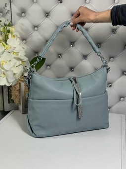 Большая женская сумка-мешок мягкой формы красивая модная голубая экокожа