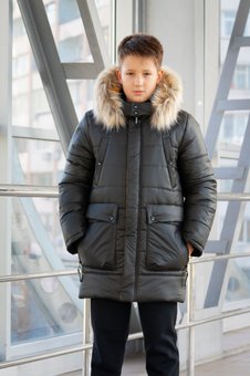 Зимняя куртка подростковая на мальчика пуховик теплый с капюшоном хаки 134-152р 152