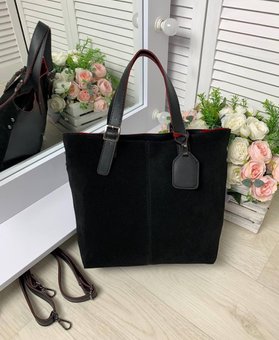 Женская сумка шоппер городская модная стильная комбинированная черная с красным замша+экокожа