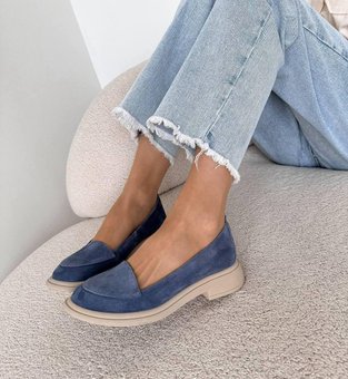 Женские лоферы туфли замшевые удобные стильные синие натуральная замша 40