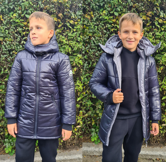 Зимняя куртка подростковая на мальчика пуховик теплый с капюшоном синий с серым 134-164р 158-164