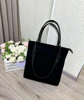 Большая женская сумка шоппер формата А4 стильная черная замша+экокожа