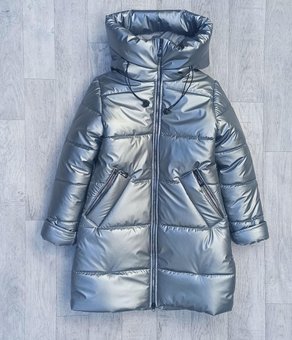 Длинное зимнее пальто на девочку теплое зимняя детская куртка серебристая 10-12 лет 146