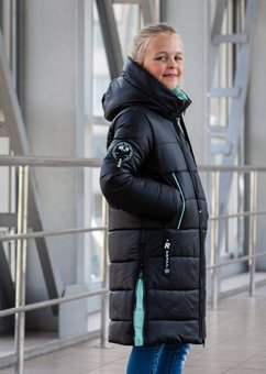 Длинное зимнее пальто на девочку теплая зимняя куртка подростковая черная с мятным 9-14 лет 158