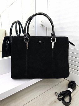 Женская каркасная сумка формат А4 офисная деловая сумочка черная замша+экокожа