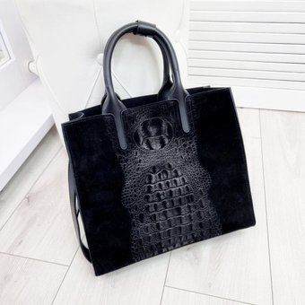 Жіноча замшева сумка квадратна стильна модна комбінована під рептилію чорна замша+екошкіра