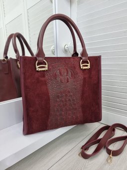 Стильная женская сумка красивая квадратная модная бордовая замша+экокожа