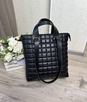 Велика жіноча сумка шоппер формату А4 стьобана стильна молодіжна чорна екошкіра